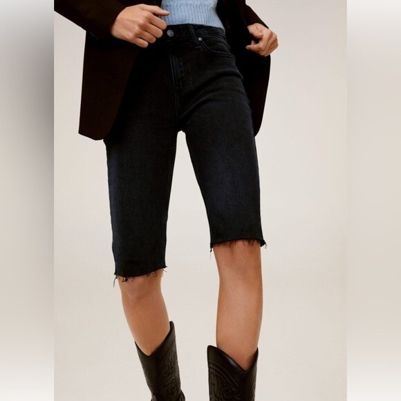 MANGO Biker Style Denim Raw Hem Bermuda Shorts in Black - Picture 3 of 4